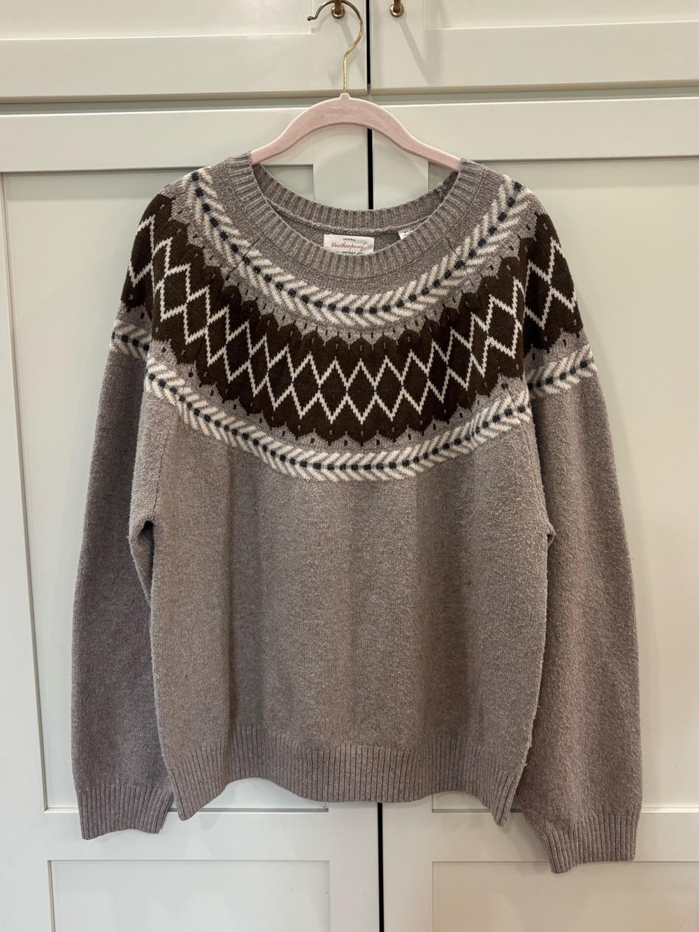 Weatherproof Taupe Crewneck Sweater with Brown Fair Isle Yoke
